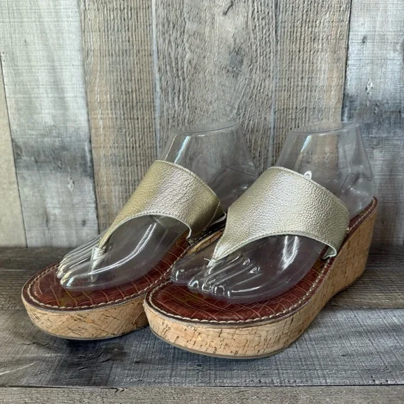 Womens Sam Edelman Rose Gold Metallic Leather Cork Wedge Thong Sandals Size 9.5 - Picture 2 of 10